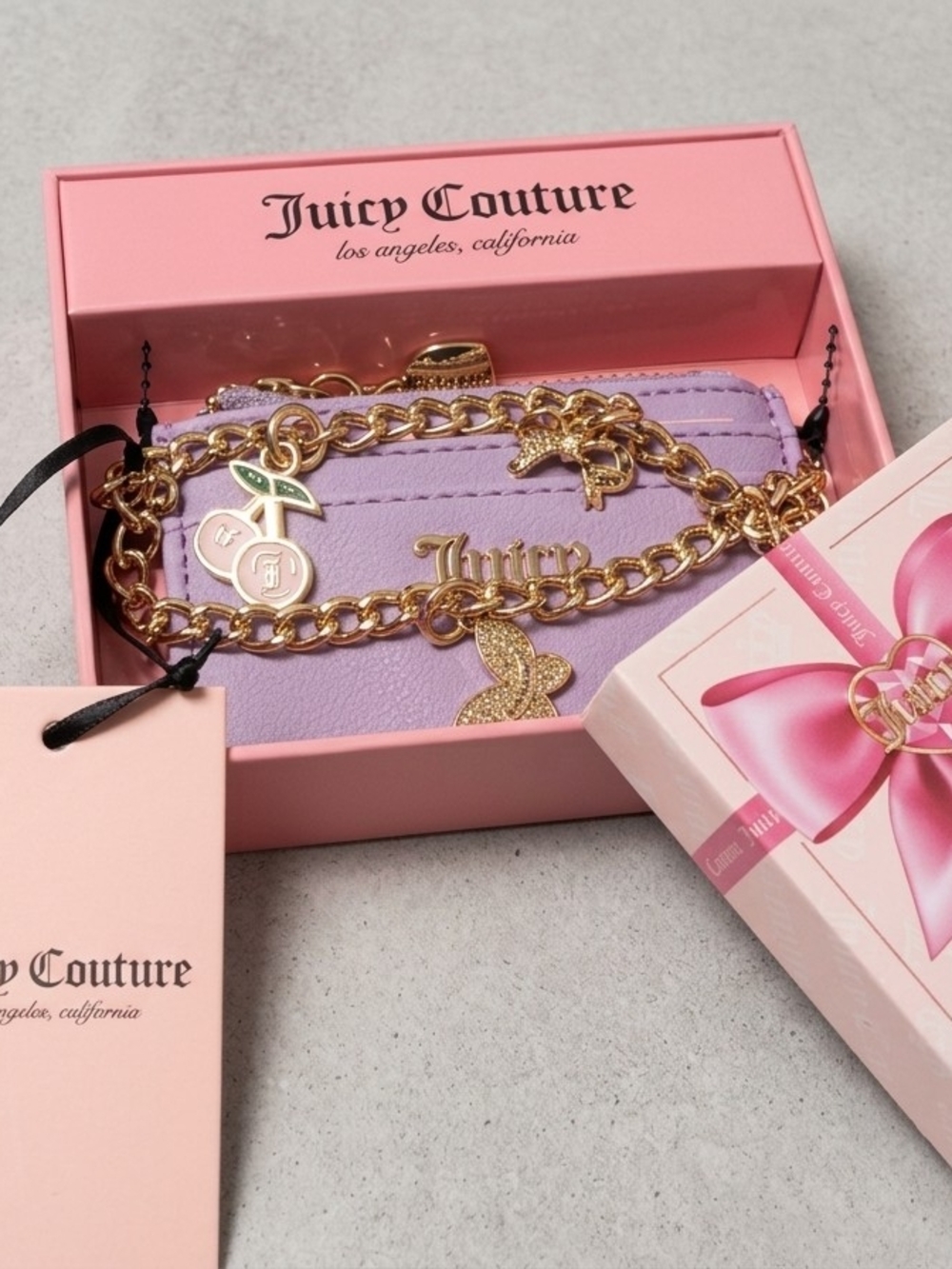 2FER Juicy Couture Pink Tote AND Lilac Card Holder With Gold-Tone Chain Charm - Picture 2 of 4